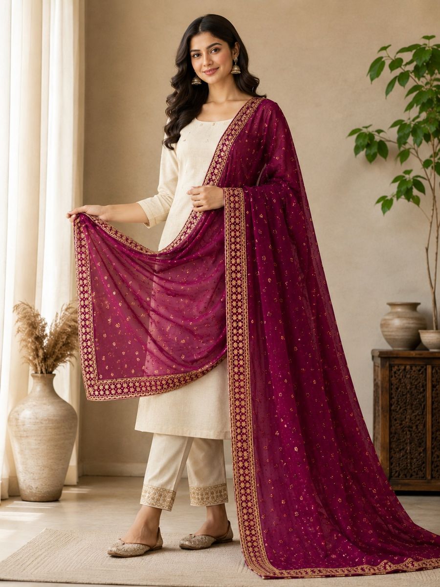 Wine Sabrang dupatta with gold sequins and an embroidered border