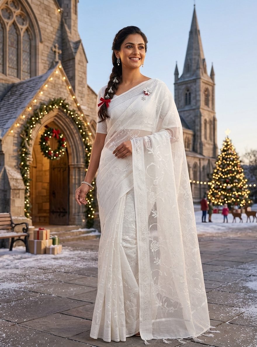 White Sabrang saree from the Christmas collection