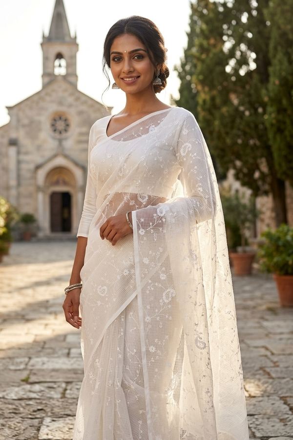 White paisley net saree