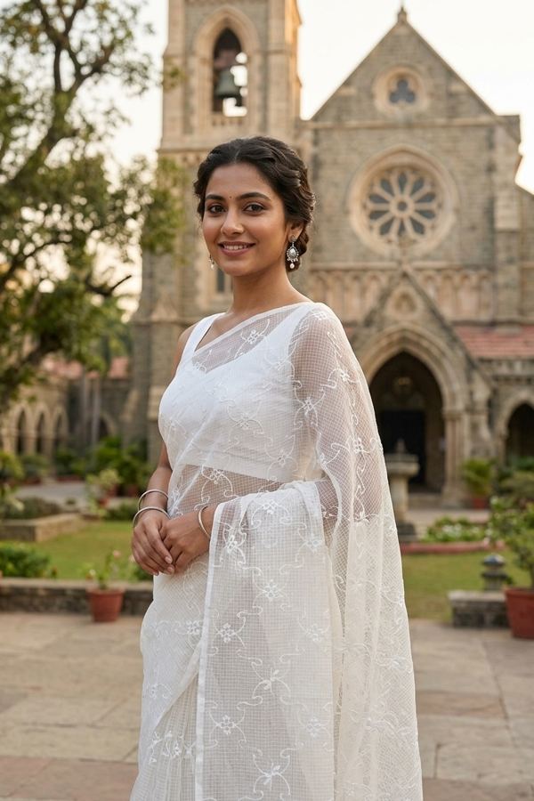 White floral net saree