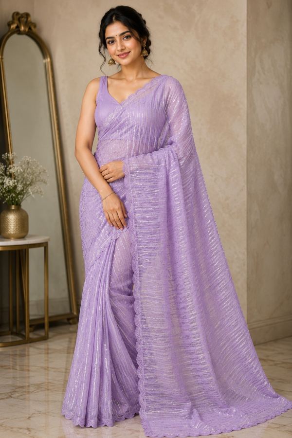 Lavender sequin stripe saree
