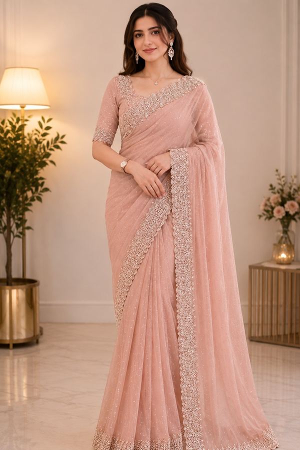 Peach sequin cutwork saree