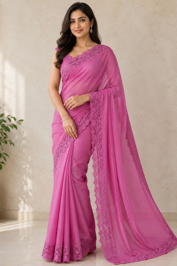 Pink cutwork saree