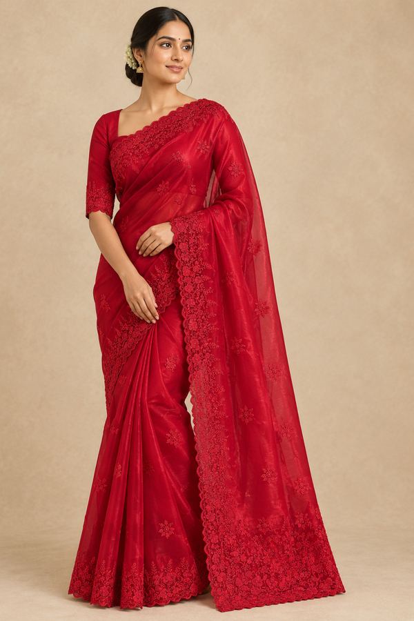 Red embroidered saree