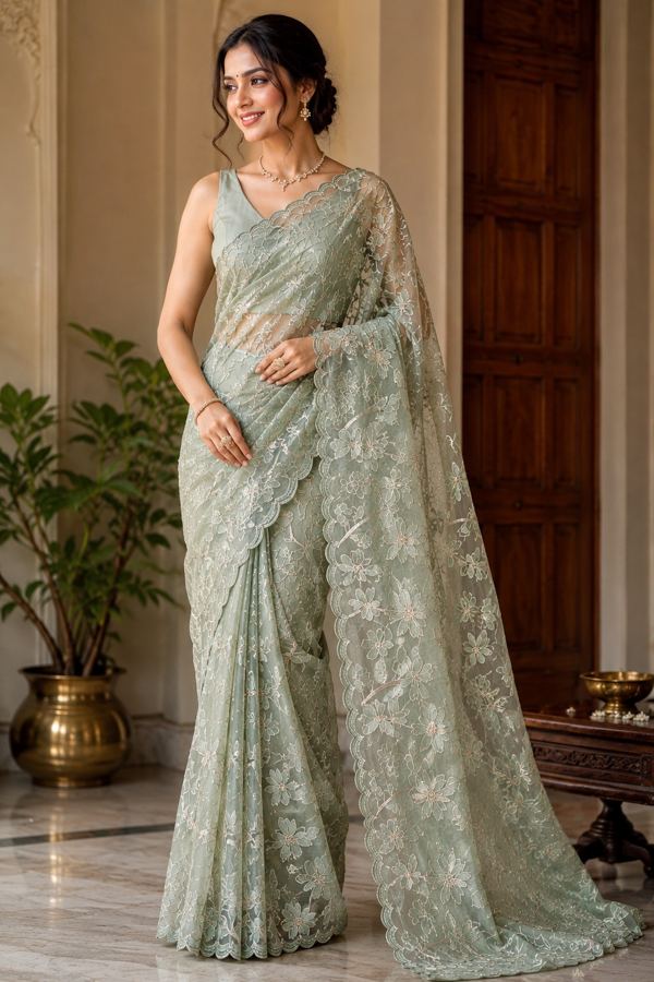 Sage floral net saree