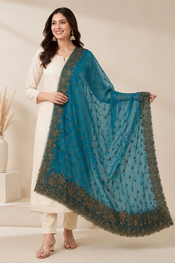 Teal cutwork dupatta