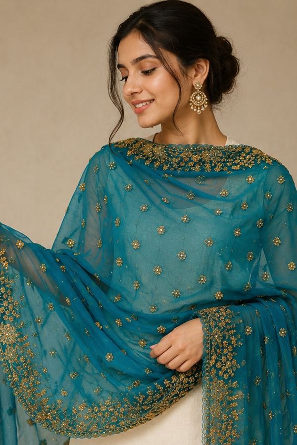 Teal embroidered dupatta