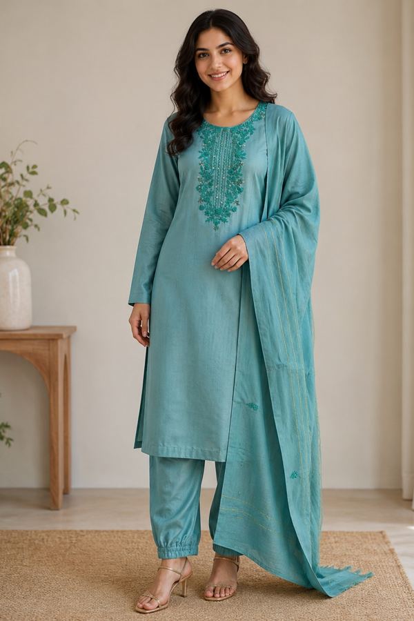 Teal embroidered kurta set