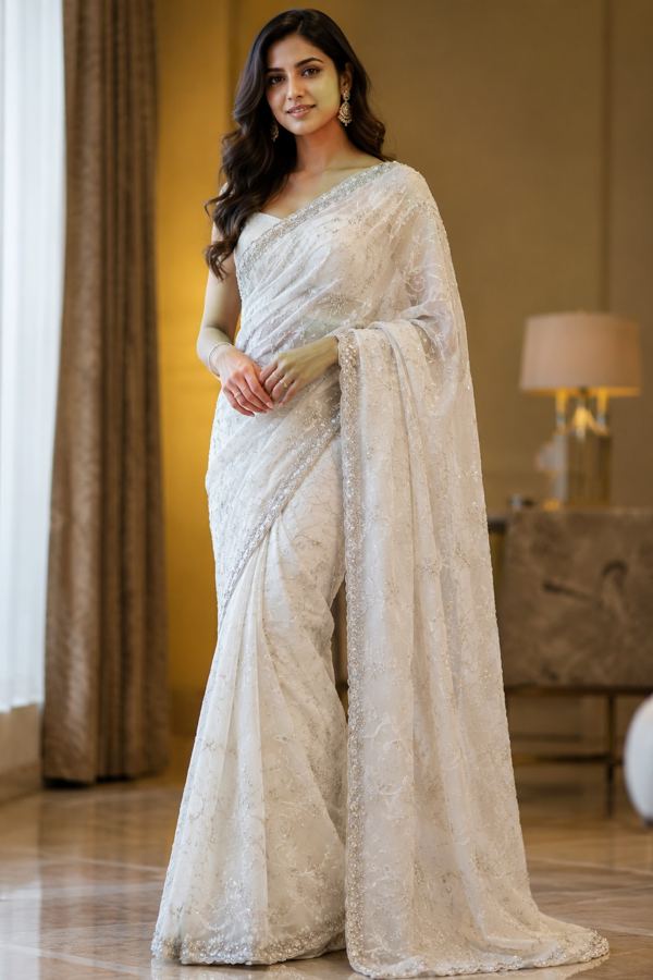 White pearl-border saree