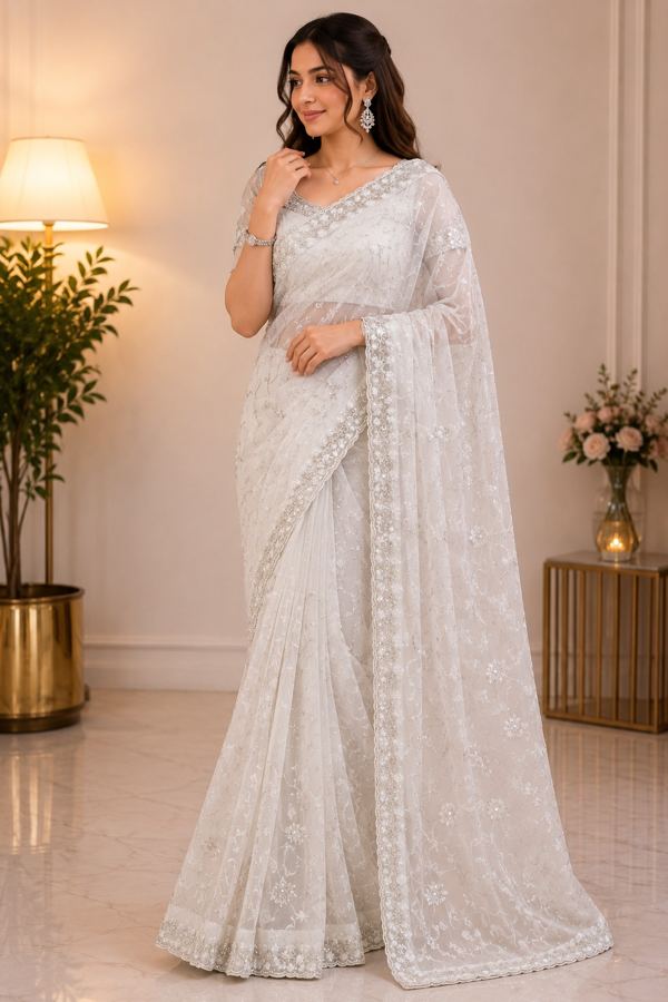 Ivory embellished saree