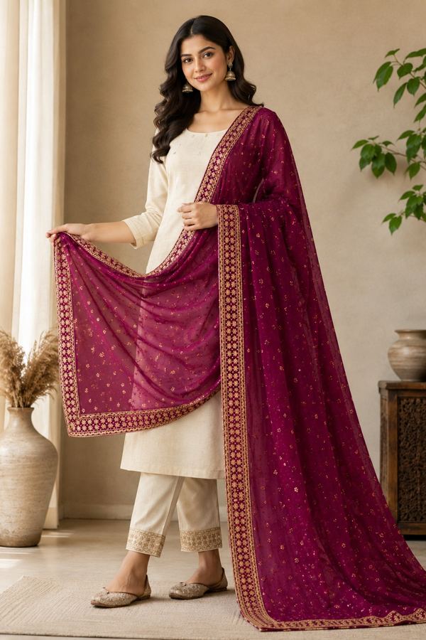 Wine sequin dupatta