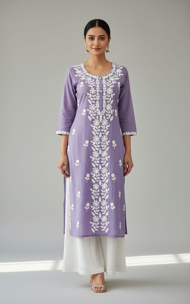 Lavender Sabrang kurta with white floral embroidery